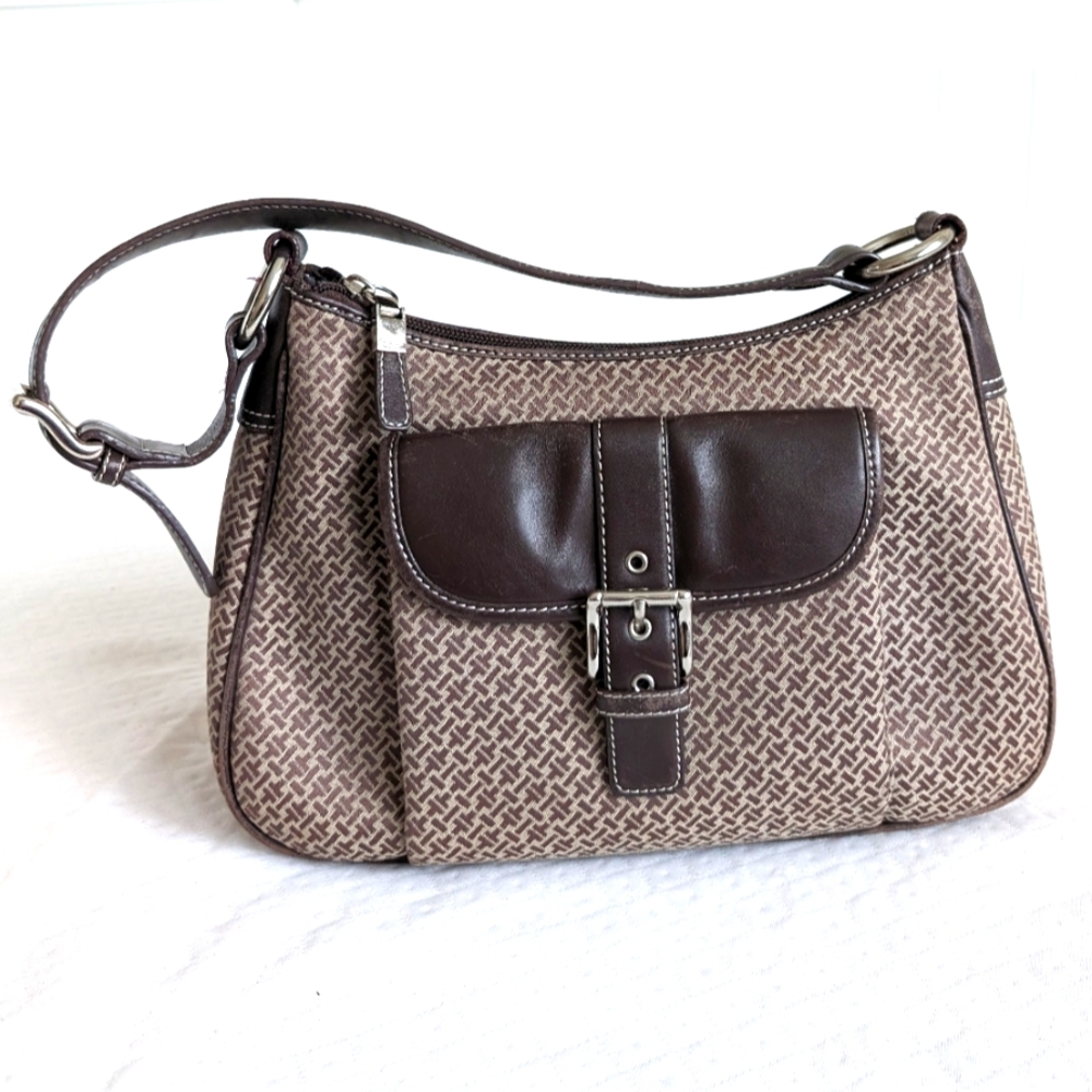 Talbots jacquard tan brown leather trim shoulder hobo bag